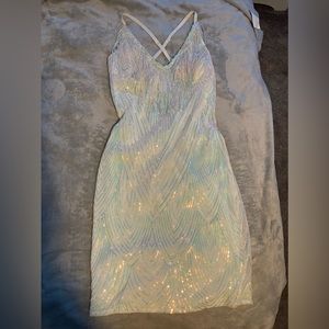 Iridescent white hoco/party dress, cute cross back, and dangly sequence on chest